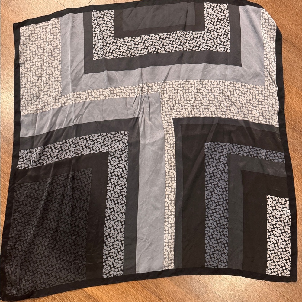 Coach 100% silk scarf. Black, white, gray.